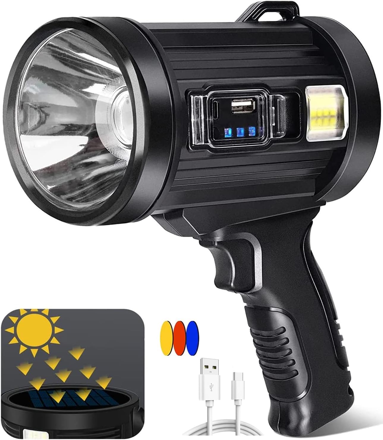 JUVIW Spotlight, 100000 Lumen Rechargeable Spotlight Flashlight with Tripod, 6 Modes IPX6 Waterproof Led Spot Lights Outdoor Handheld, Super Bright Solar Searchlight for Hunting, Marine, Camping (B0CXJ3FVDV) Amazon Price History, Amazon Price Tracker