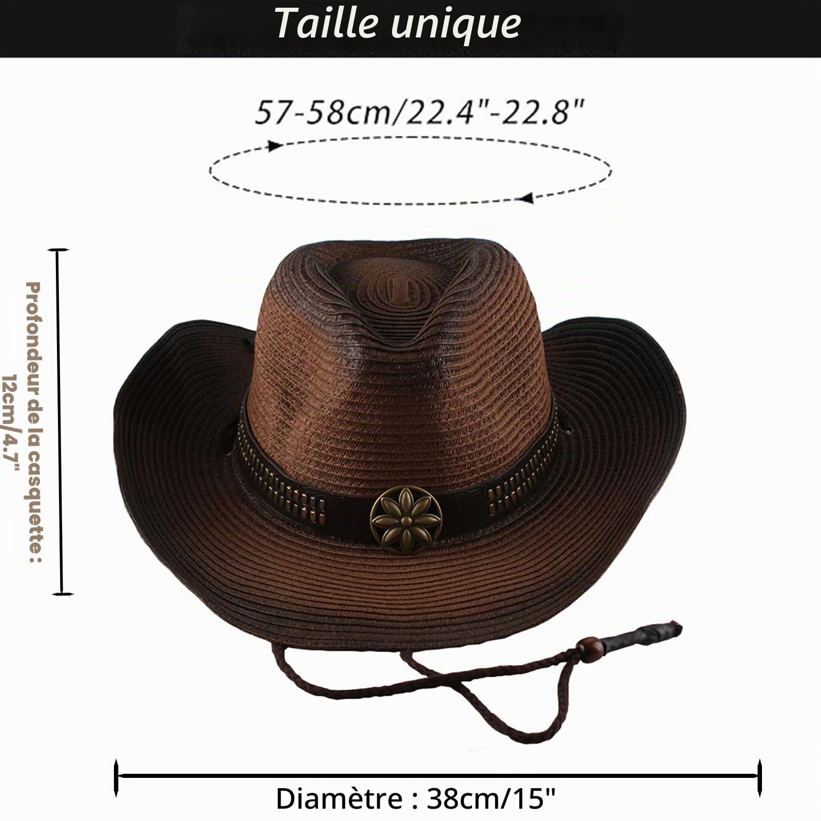 Chapeaux de paille de cowboy, chapeau classique en feutre à large bord de style occidental et chapeau de cowgirl avec boucle pour femmes et hommes