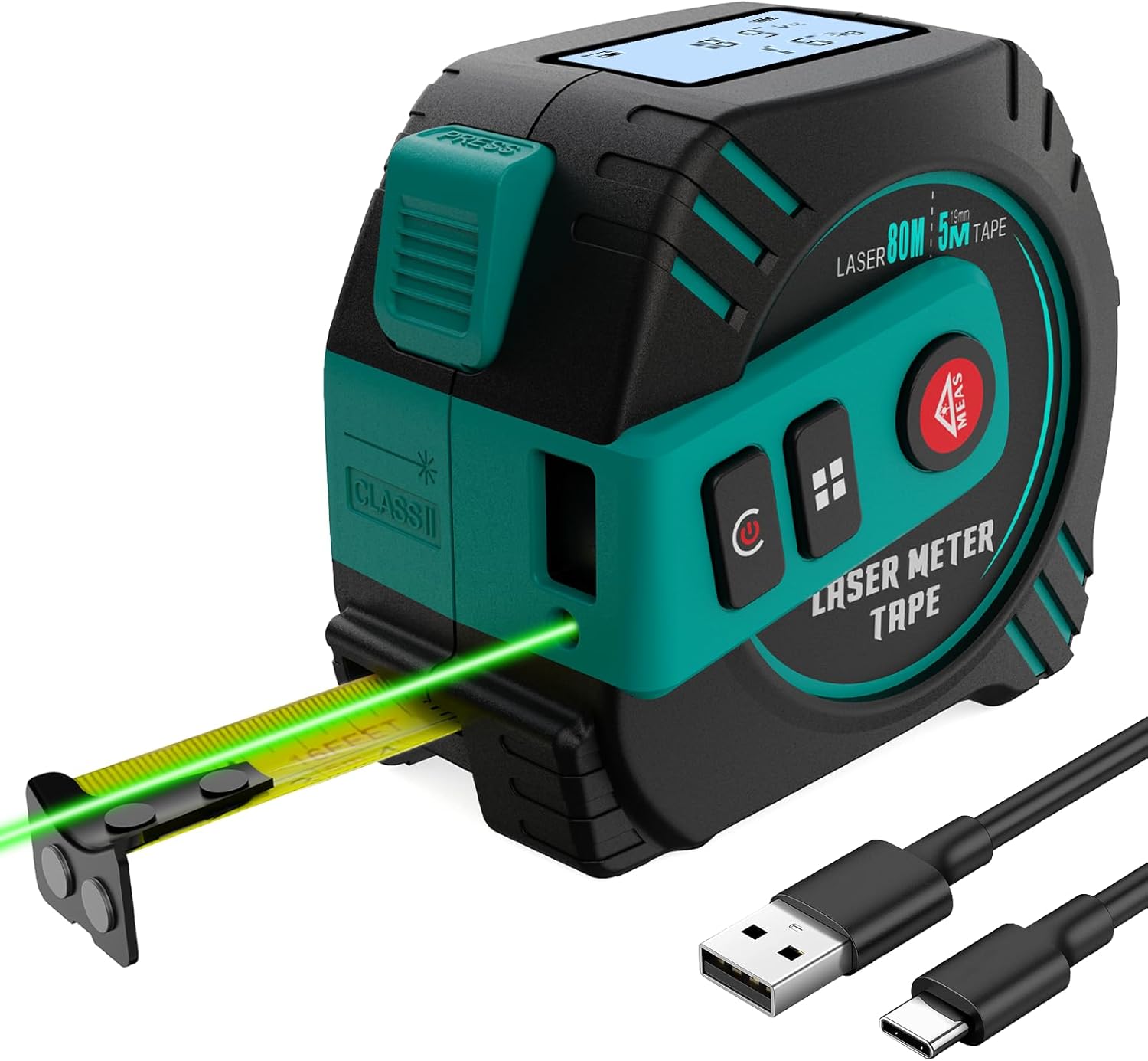 2-in-1 Laser Tape Measure 262ft – Digital Measuring Tape with LCD Display, Rechargeable Smart Tape Measure with Distance, Area & Volume Measurement, USB Charging – Construction & DIY Use