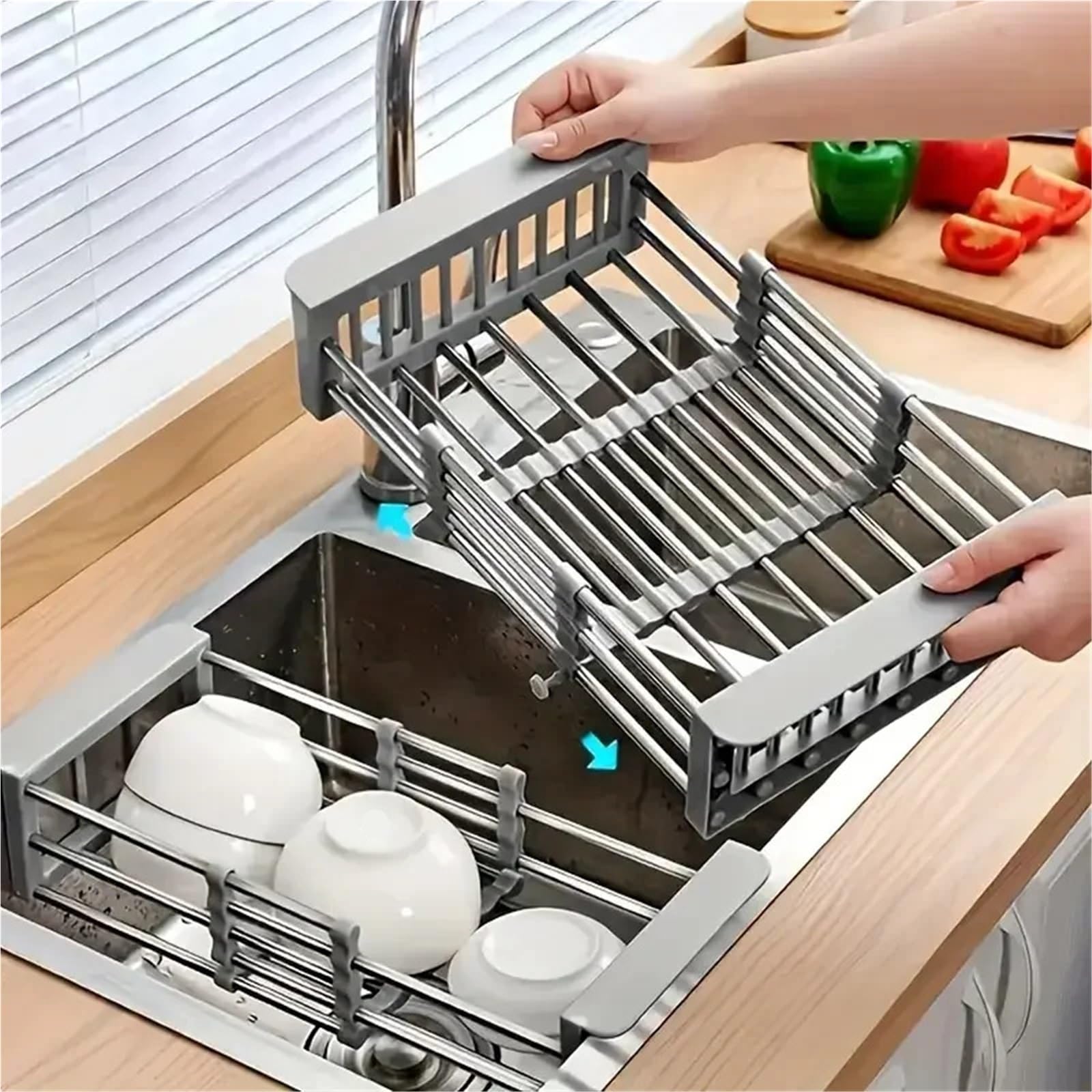 Escurridor de Fregadero Ajustable Acero Inoxidable 304, escurridor Secado, Estante Almacenamiento Multifuncional for Cocina, Platos, Verduras y Frutas para Cocina,Frutas(Gray)