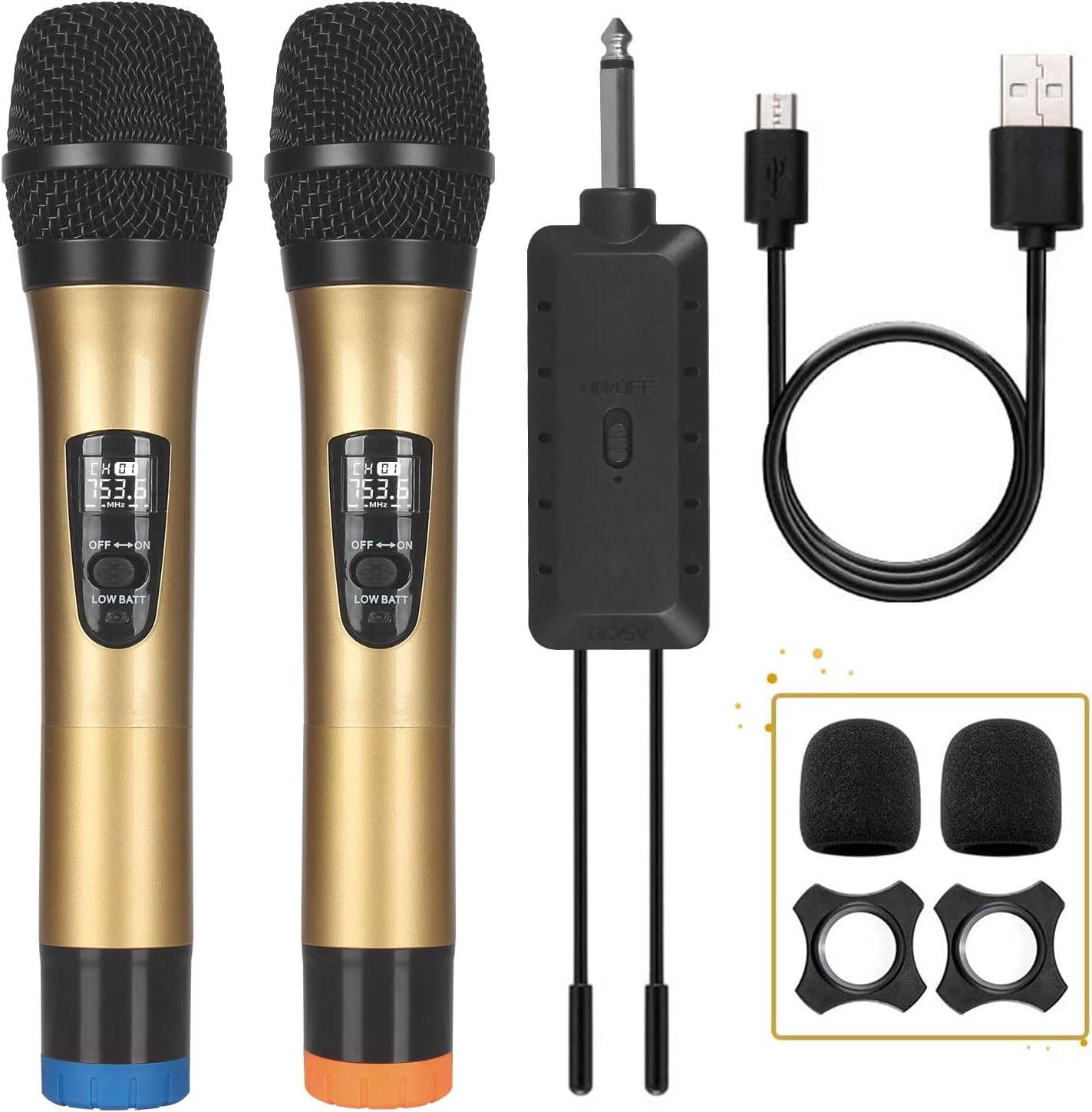 ALLWIN Wireless Microphone, Karaoke Microphone with 192KHZ/24Bit, Professional UHF Wireless Dynamic Microphone System, Rechargeable Receiver for Voice Amplifier, Sound System (Gold)