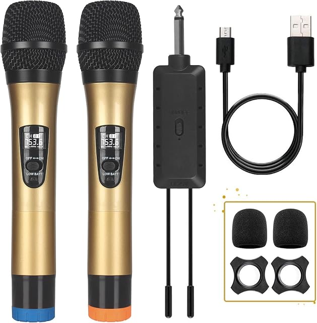 ALLWIN Wireless Microphone, Professional Dual UHF Cordless Microphone Wireless mic System for Karaoke and Parties, Rechargeable Receiver for Voice Amplifier, Works for Church, Wedding(Gold)