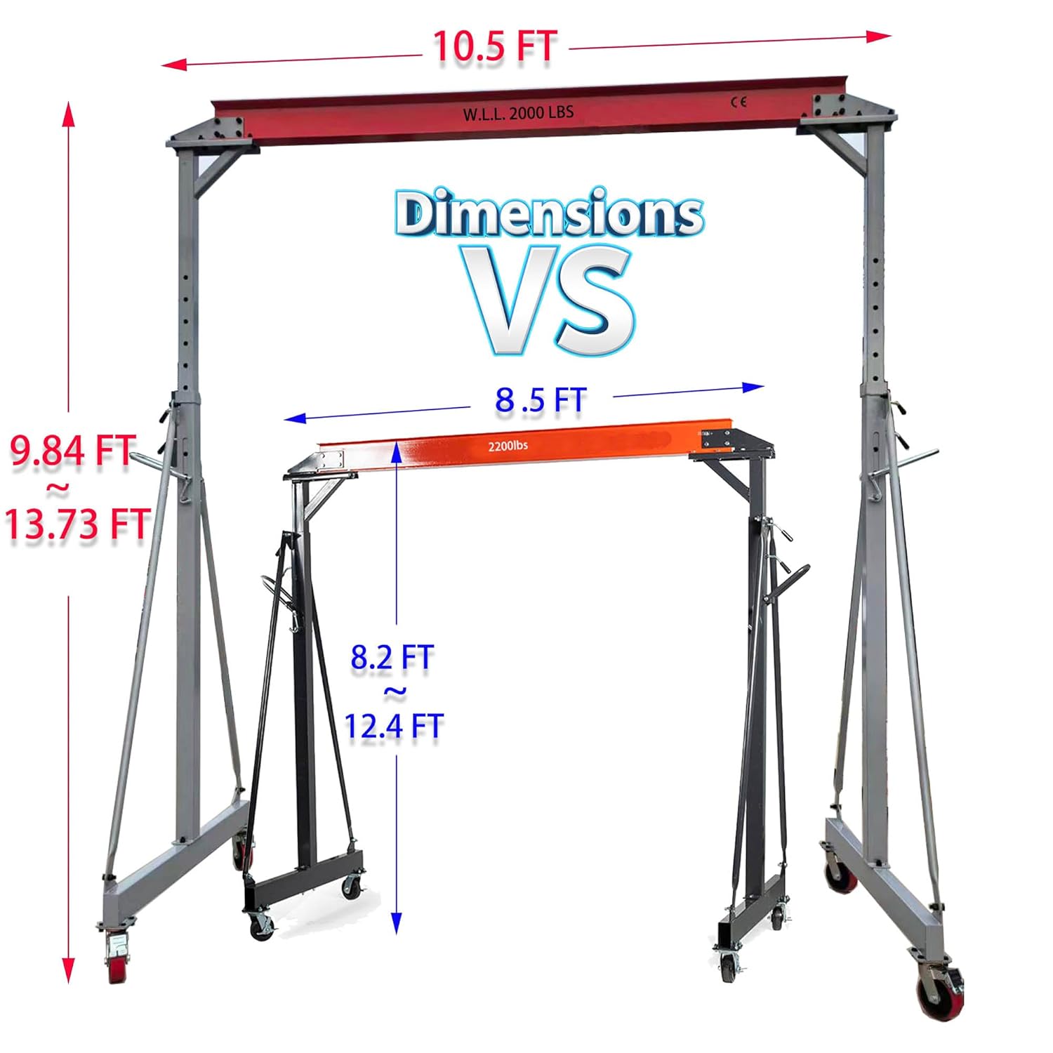 Extra-Large Size Adjustable Gantry Crane 4000 LB, Width 10.5 FT, Height Adjustable 9.84 FT~ 10 FT~ 12 FT ~ 13.78 FT, Portable Crane 2T with Chain Hoist, Trolley and Rigging Kit (4000 LBS)