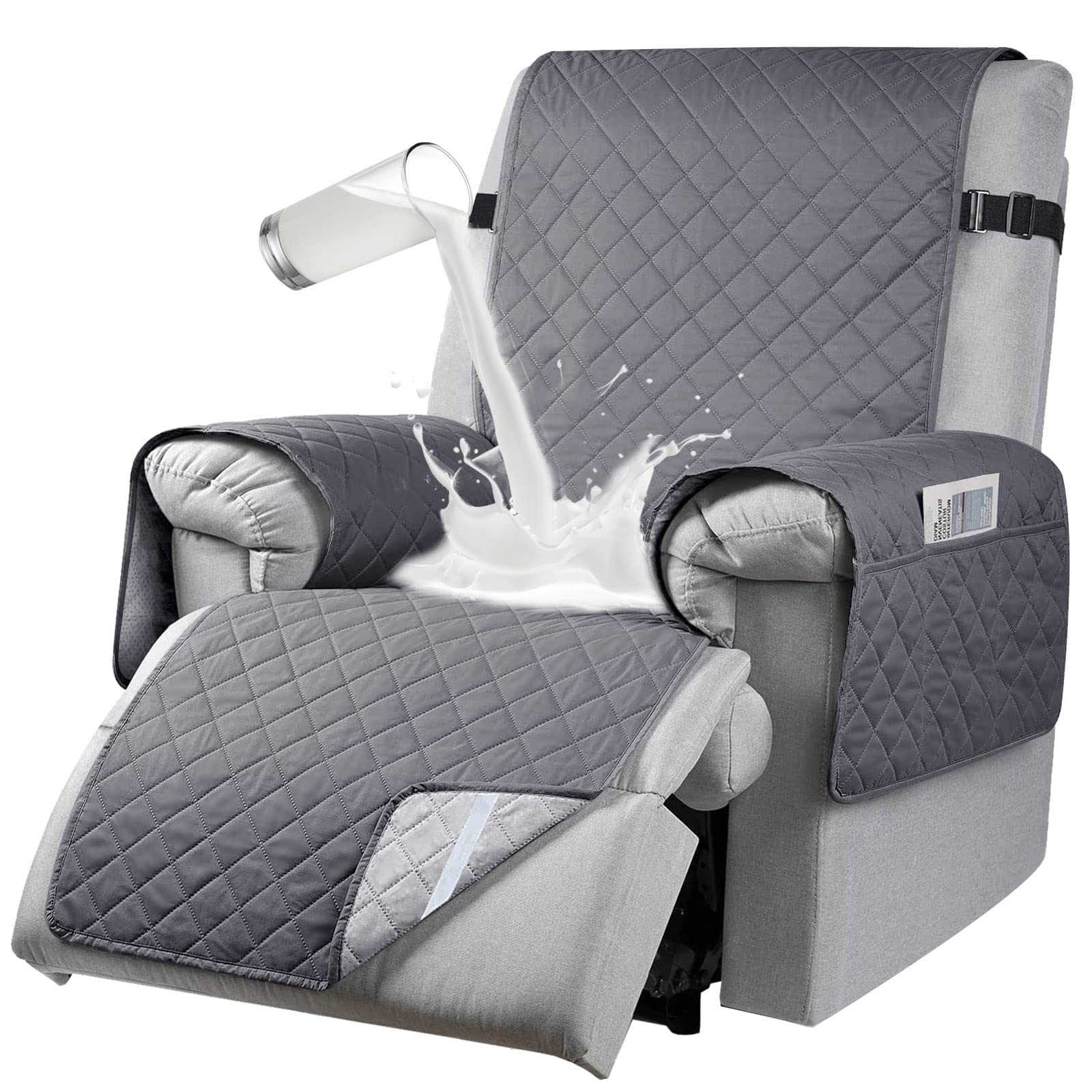 Étanche Housse pour Fauteuil Relax Electrique, Antidérapant Housse de Chaise Inclinable avec Poches Latérales, Lavable Protection Fauteuil Relax 1 Place, 25Inch,Gris,1 Seater