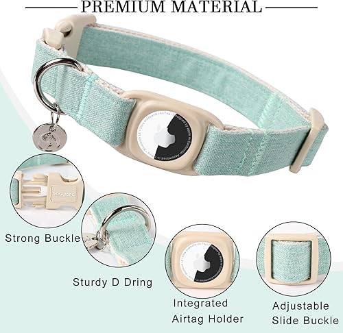 Miniatura 2 de DOGWONG Collar de perro Airtag de algodón y cáñamo, collar resistente para perros con soporte para Airtag, collares verdes para perros pequeños,