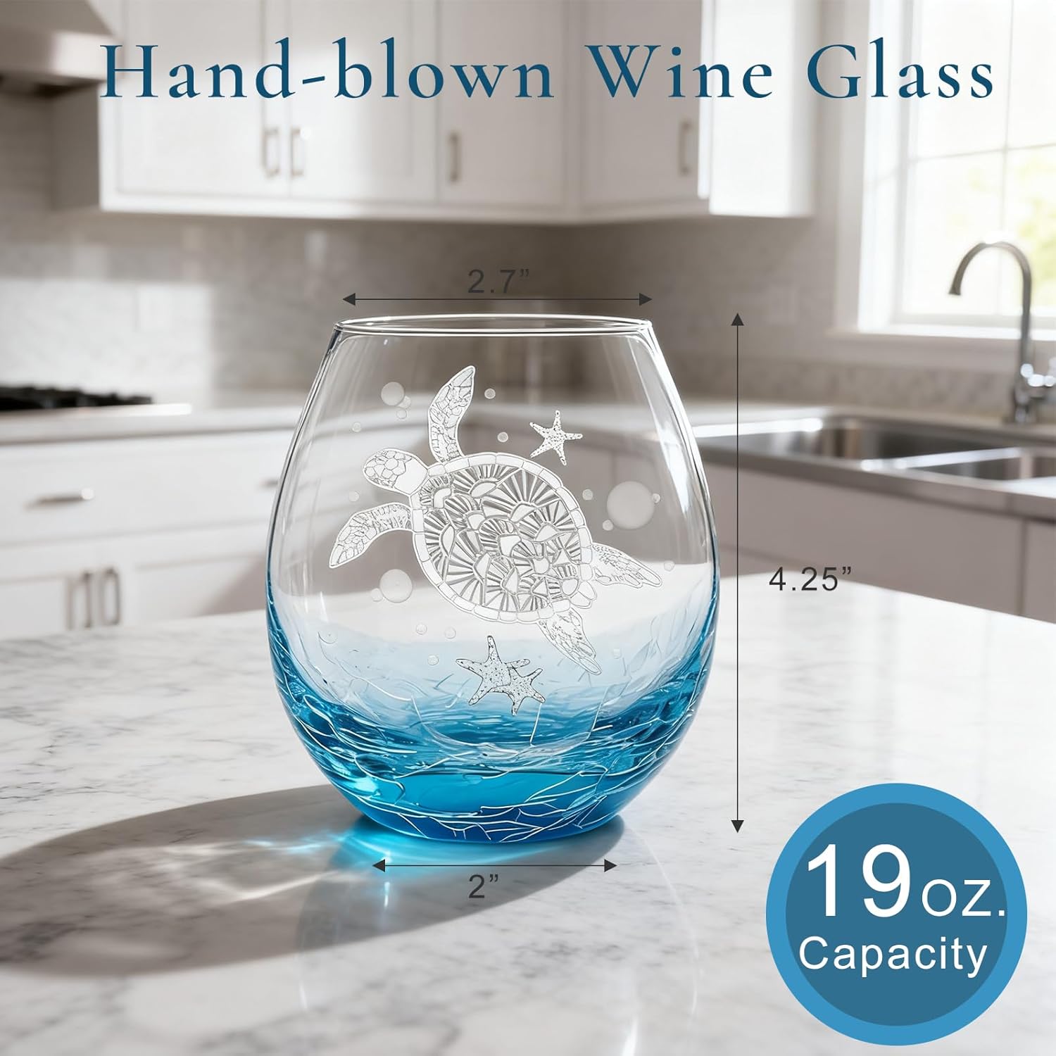 Sea Turtle Gifts for Women, 19 Oz Stemless Wine Glass Unique Turtle Gifts for Ocean Beach Tortoise Lovers, Birthday Home Decor for Best Friends Sister Women Coworker (Crackle Blue) - Image 5