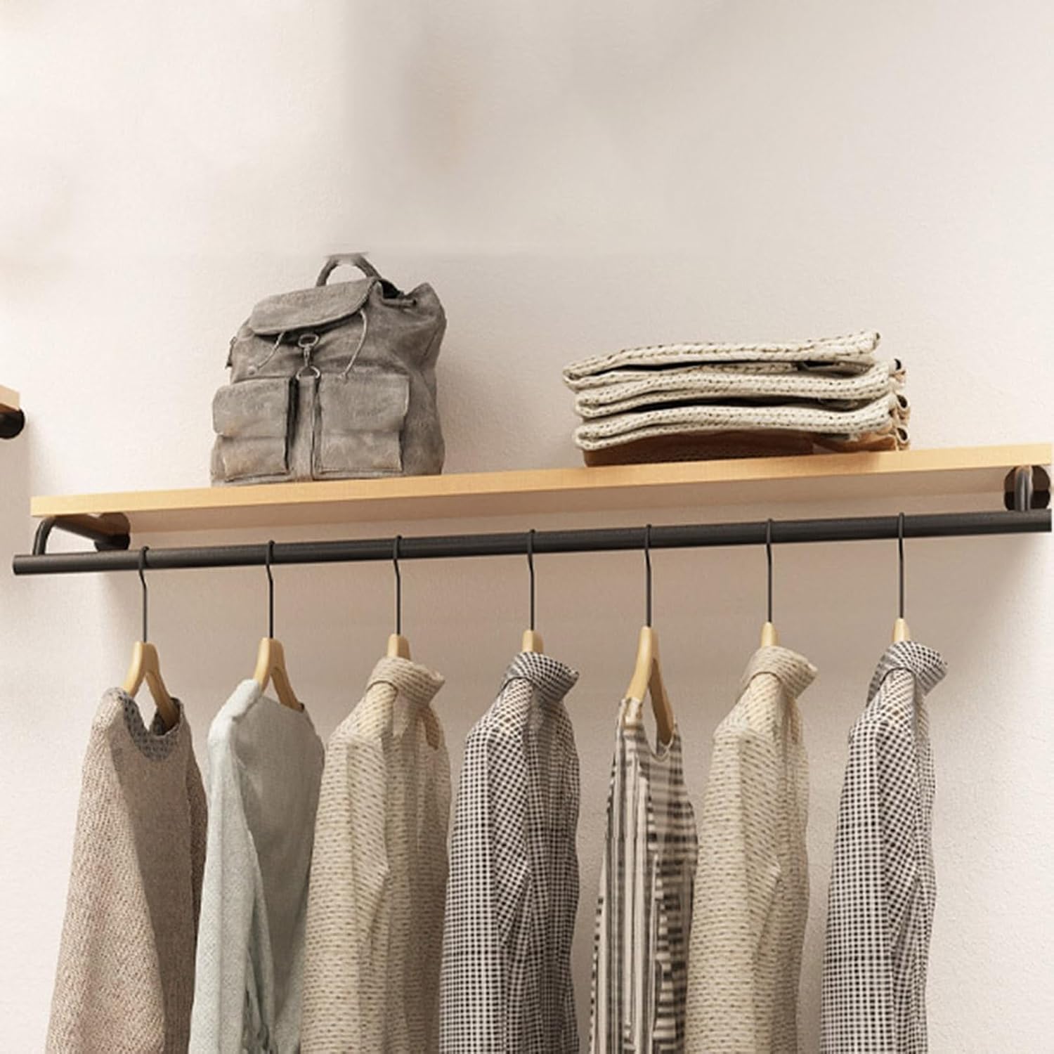 Stylish Wall Mounted Clothing Rack with Top Shelf & Hanging Rod - Durable Metal Garment Organizer for Retail Store, 31in Space-Saving Display Solution