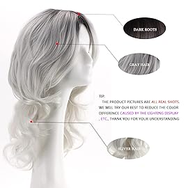 RENERSHOW Silver Gray Wave Curly Wigs for Women Ombre Gray Long Wavy Wig Synthetic
