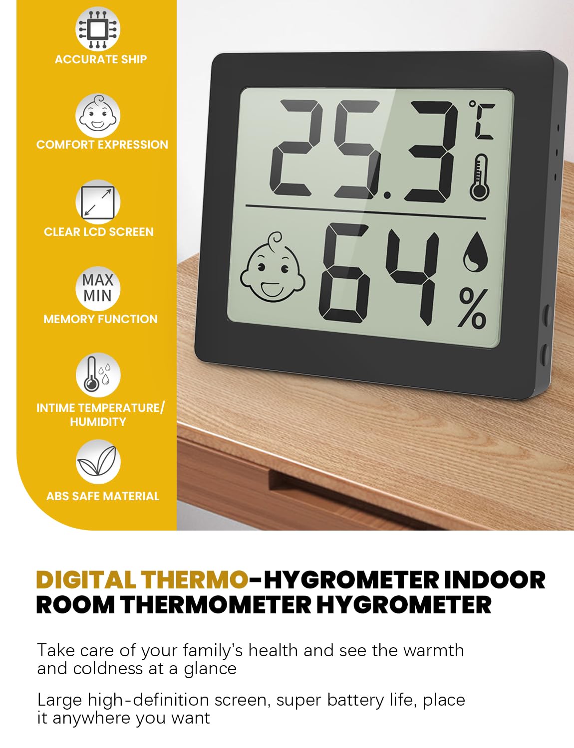 Thermomètre et hygromètre ultra-fins à grand écran de 3,1 pouces, thermo-hygromètre électronique domestique intérieur, affichage numérique de la température et de l'humidité (noir)