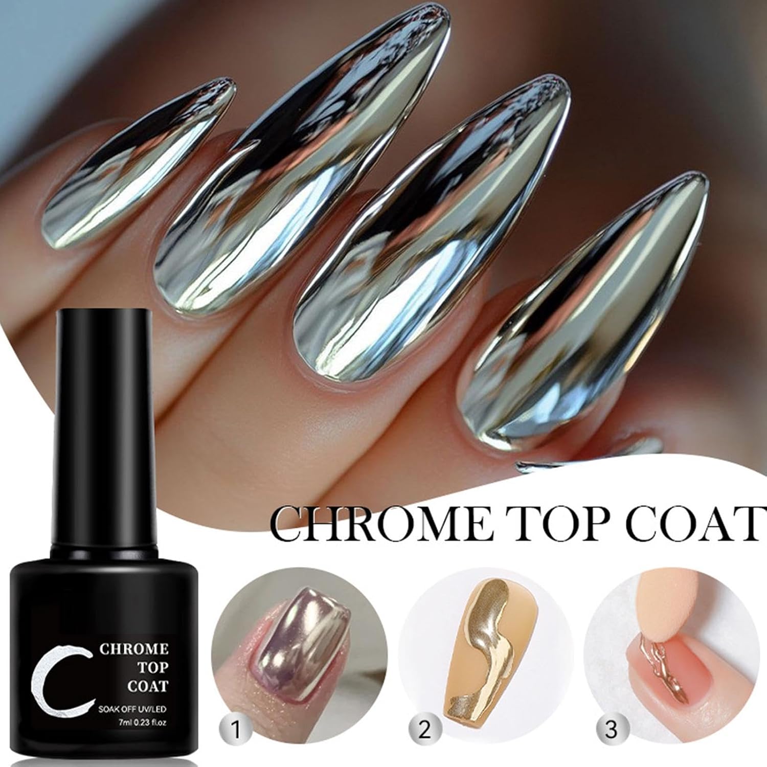 Top Coat for Chrome Powder,7ml Soak Off UV Lamp Gel - Nail Top Coat - for Women Girls Professionals Home Salon Art Design