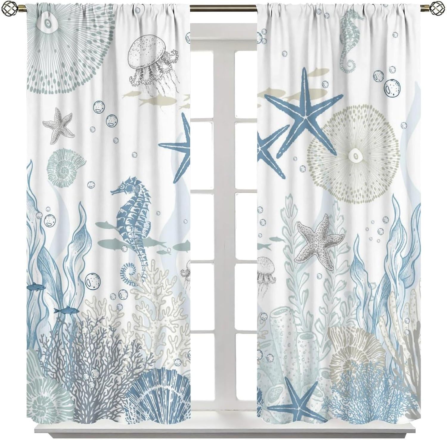 Nautical Coastal Curtains,Nautical Beach Starfish Seashell Blue Curtains Summer Ocean Window Treatment Drapes for Living Room Bedroom 42x63in