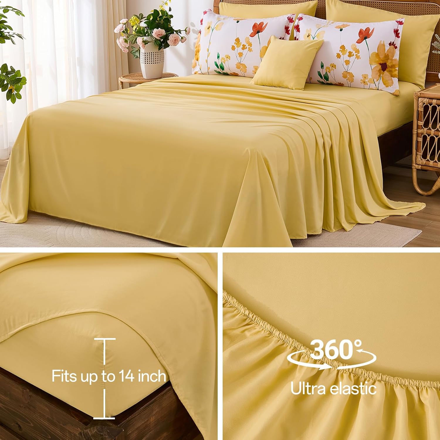 Annibedding Floral Queen Size Comforter Set, 8 Pieces Yellow Flower Botanical Soft Microfiber Bed in a Bag Bedding Set with Pillowcase Sheet for All Season (90"x90") - Image 5