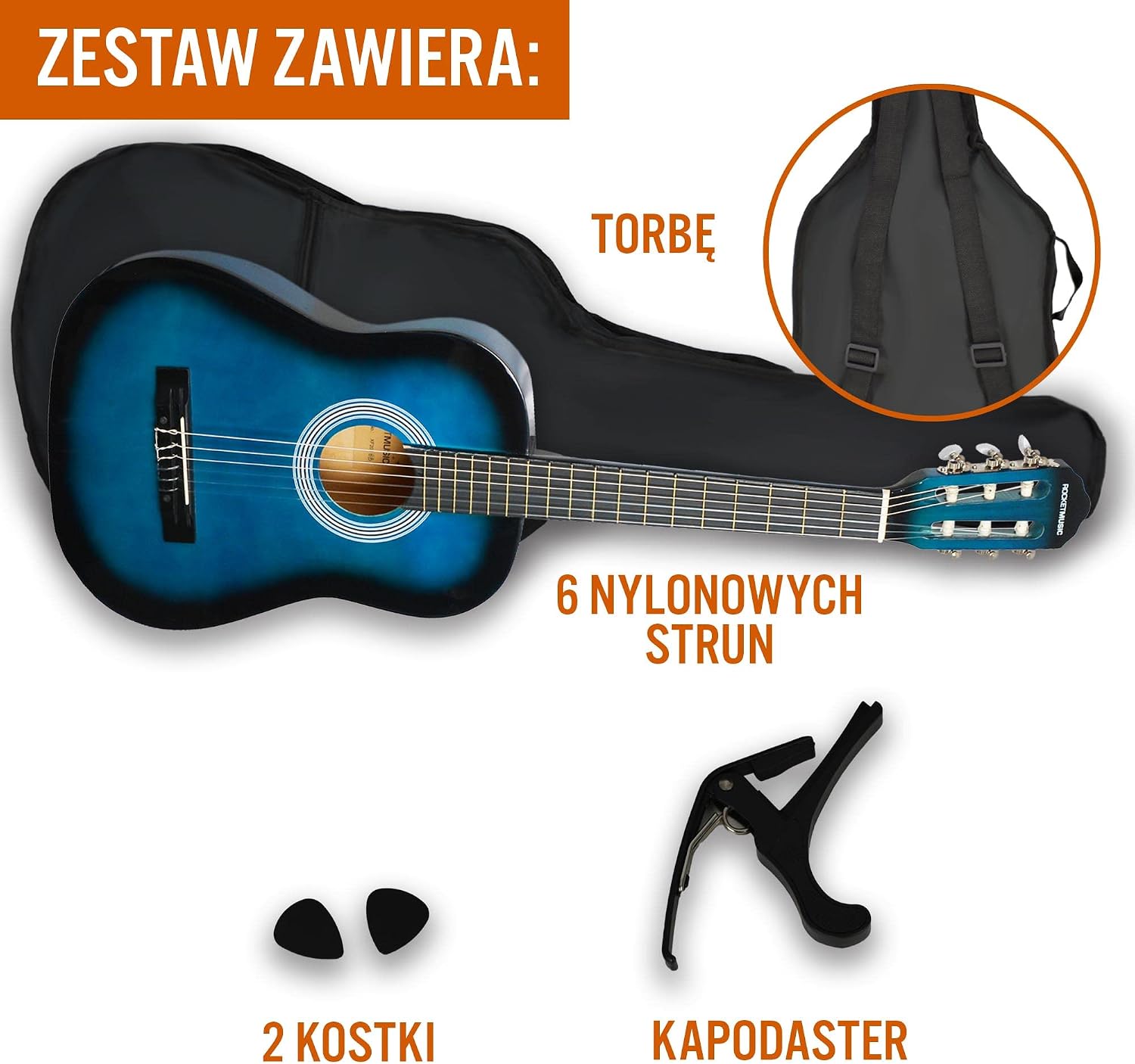 3rd Avenue Hiszpańska gitara klasyczna Junior w rozmiarze 3 4 w zestawie startowym dla początkujących gitara akustyczna z nylonowymi strunami futerałem kapodastrem i kostkami w kolorze niebieskim