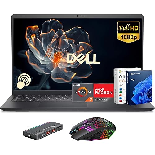 Dell 15.6" FHD Touchscreen Business Laptop Computer, AMD Ryzen 7 7730U (8-Core), 32GB RAM 1.2TB Storage(1TB SSD+256GB Docking Set), w/RGB Mouse, Lifetime MS Office 2024, Black, Windows 11 Pro