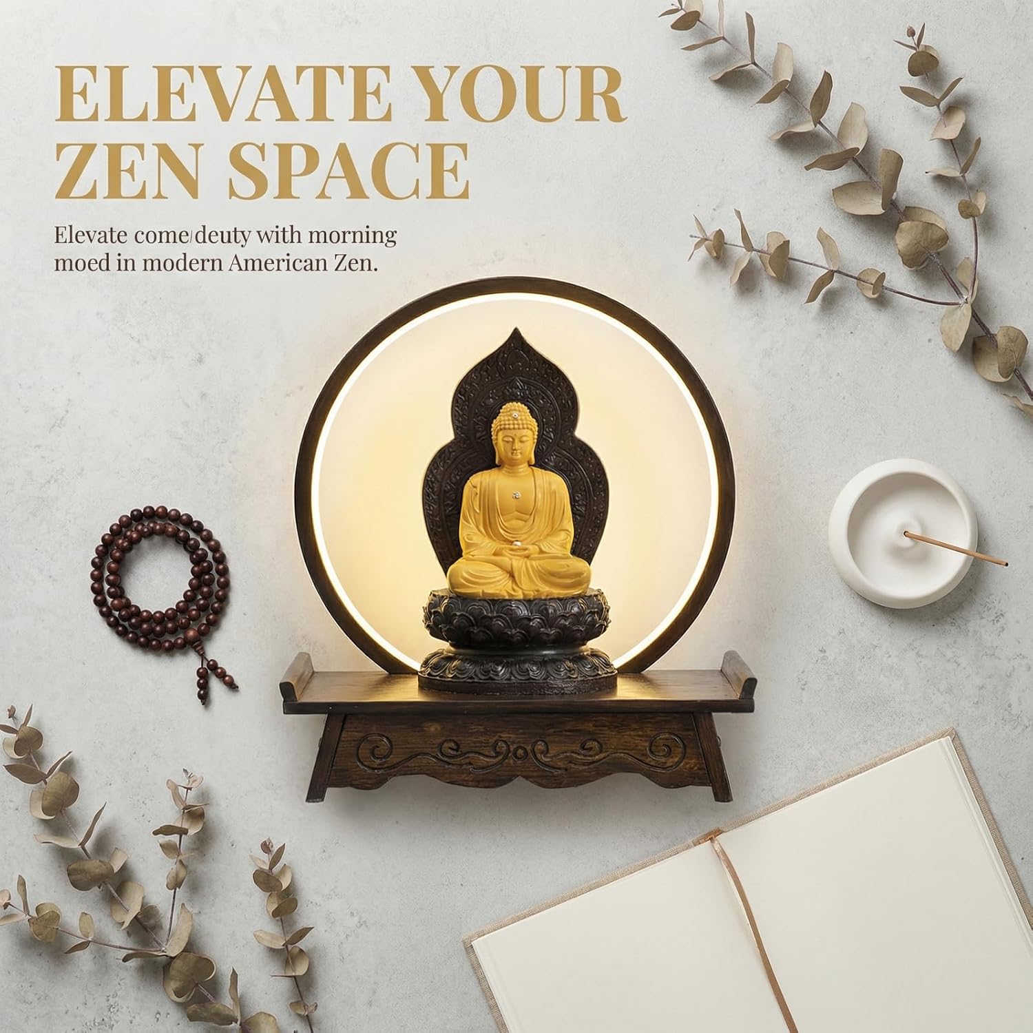 LED Lighted Buddha Statue Display Stand, Chinese Style Wooden Pedestal for Home Decor, Meditation Altar Table(50 * 23cm/19.7 * 9.1in, Red)