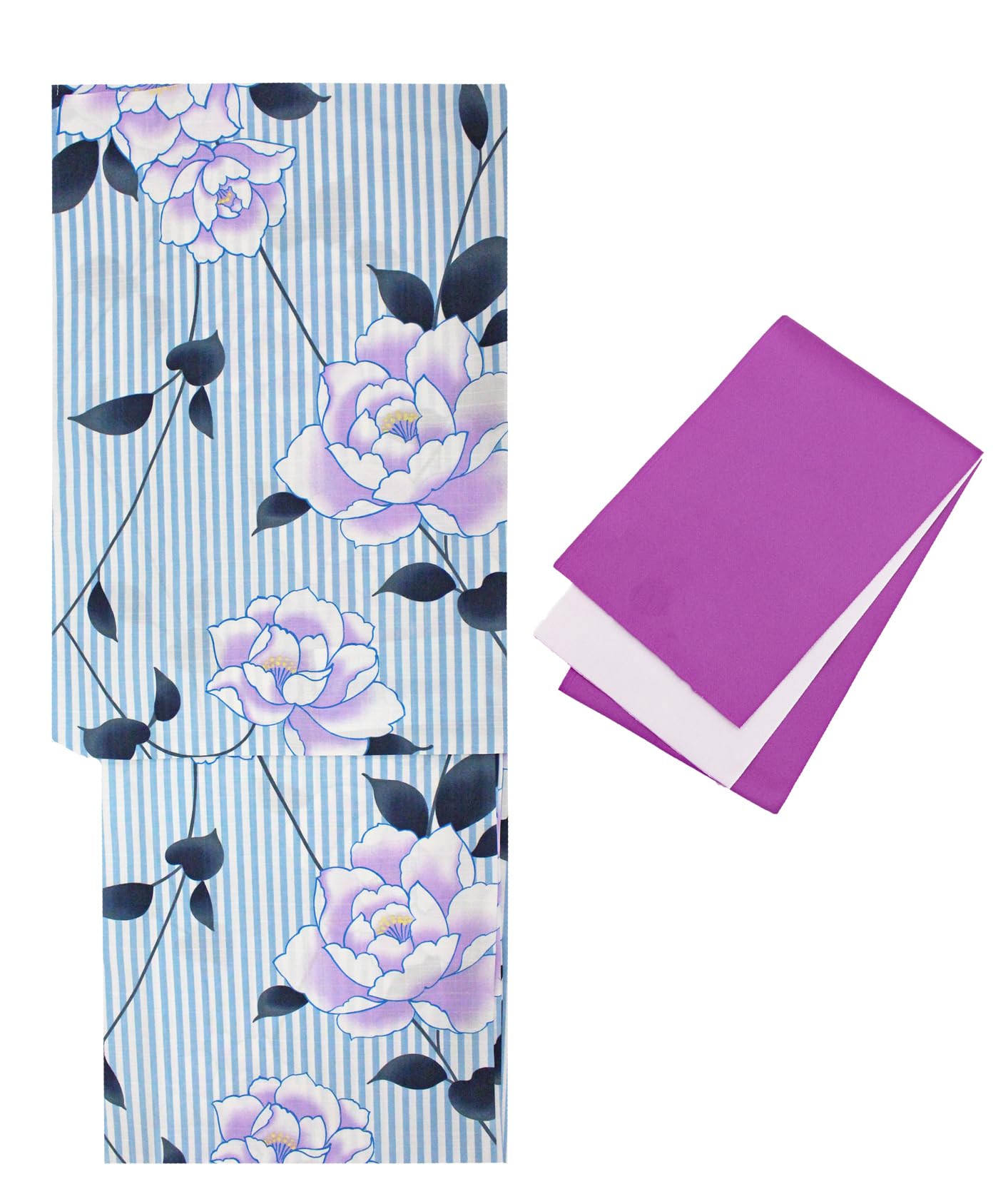 Japanese Women Yukata Obi Set Off-White Purple Polyester Free Size Festival