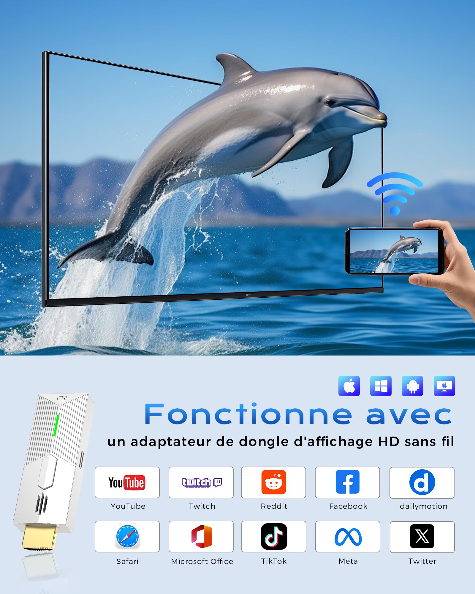 Adaptateur sans Fil HDMI 1080P@60Hz, 5GHz AirPlay/Miracast pour TV/projecteur (Compatible avec Smartphone, Tablette, PC/Mac)