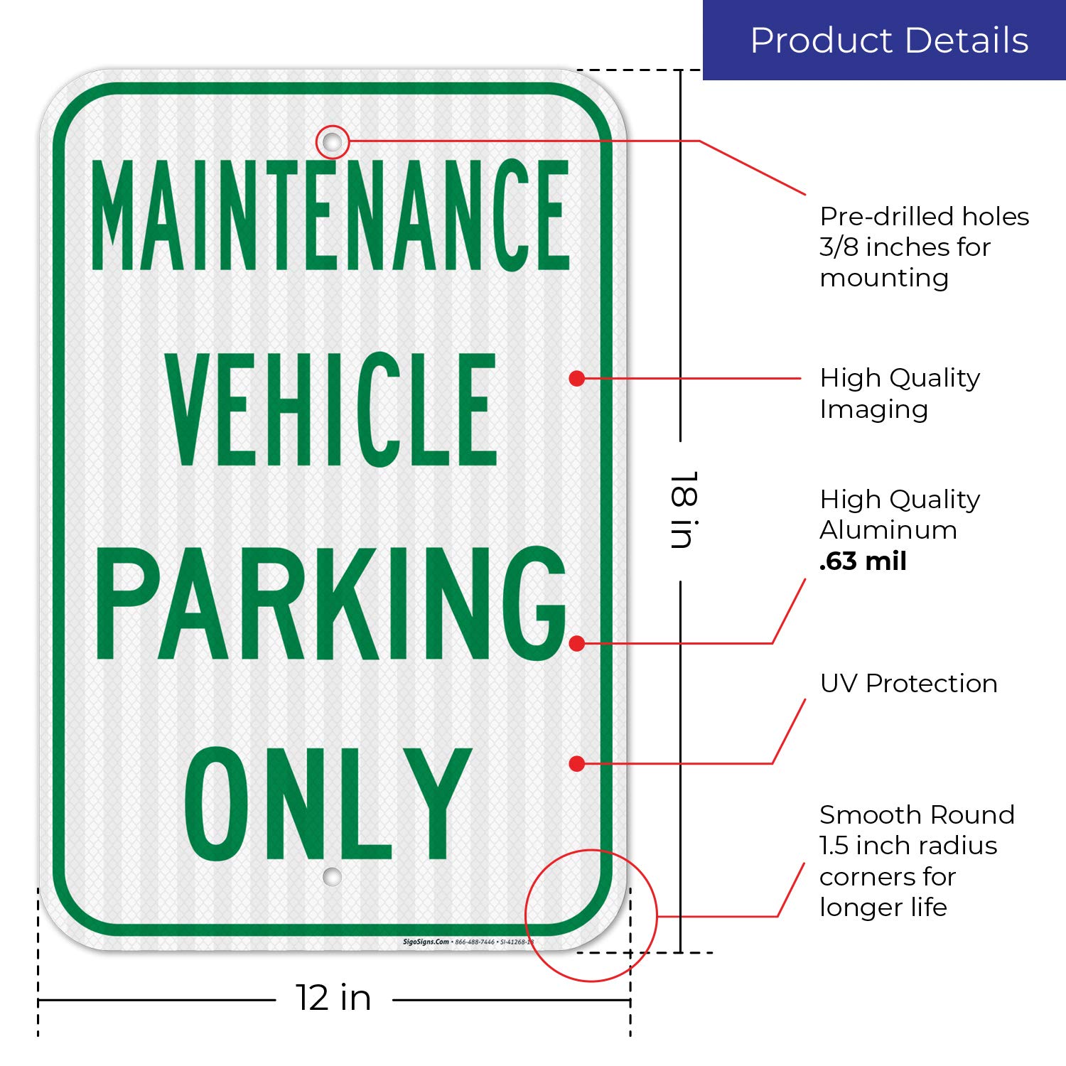 Maintenance Vehicle Parking Only Sign, 12x18 Inches, 3M EGP Reflective .063 Aluminum, Fade Resistant, Easy Mounting, Indoor/Outdoor Use, Made in USA