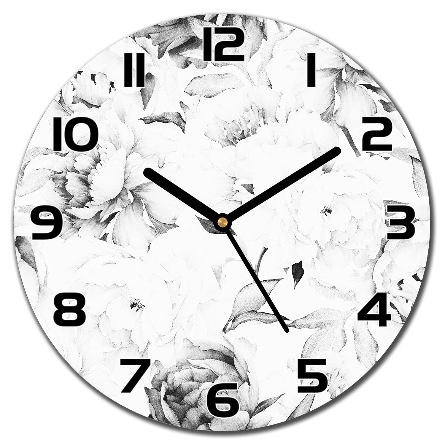 Horloge en verre 30 cm Peony Illustration avec aiguilles noires pour salon moderne