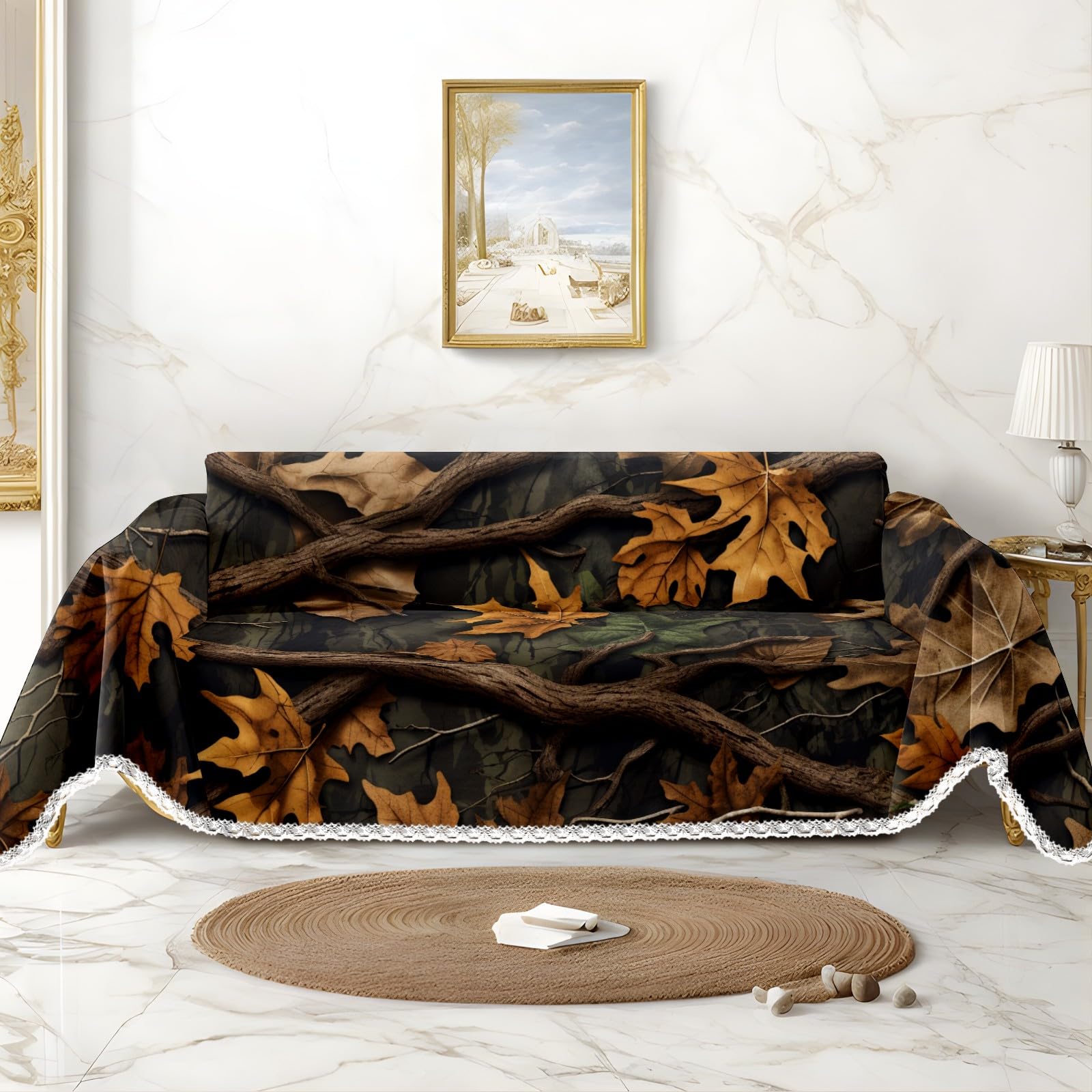 MSINMKOK Couch Cover for 3 Cushion Couch Camo Leaves and Branches Sofa Covers Washable Couch Throw Covers Pet Friendly Sofa Slipcover Durable Furniture Couch Protector 91''x134''
