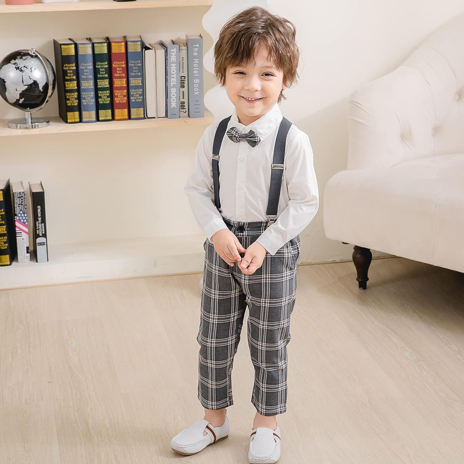 Kimocat Toddler Boy Clothing Sets Plaid Shirt Bowtie and Suspender Strap Pants Outfits - Image 4