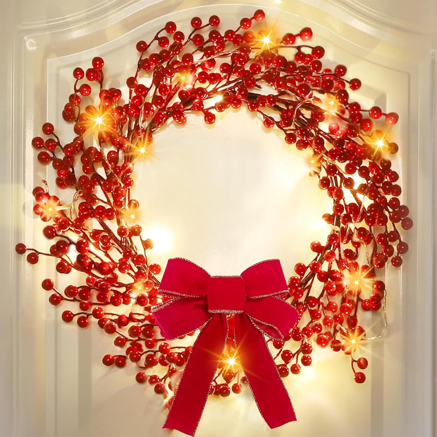 Timer & 8 Modes Prelit Lighted Christmas Wreaths for Front Door, 20 Warm White Lights with Bowknot Artificial Red Berry Christmas Wreath Battery Operated Small Xmas Winter Wreath Home Holiday 18 Inch