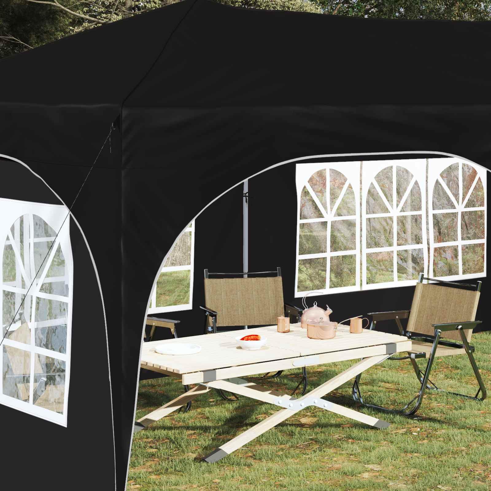 Namiot imprezowy Pop-up z wytrzymałego materiału Oxford, 575 x 288 x 245 cm, czarny, składany i składany, z ochroną UV i wodą, stabilny namiot ogrodowy do użytku na zewnątrz, na kemping i