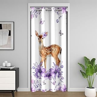 Erosebridal Elk Deer 30%-50% Darkening Blackout Curtain,Oil Painting Animal Door Curtains for Doorway Privacy,Purple Floral Room Divider Curtain,Flying Butterfly Door Drape,34" W X 80" L