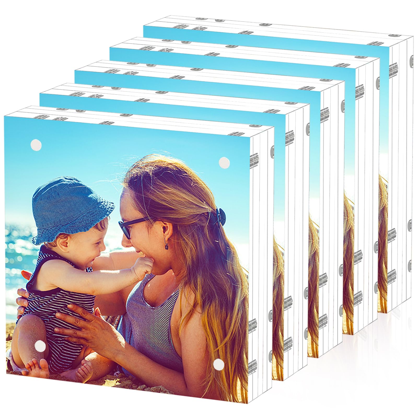 HELPLEX 5 Pack 8x8 Acrylic Picture Frames, 24mm Thicker Square Frameless Clear Frame Double Sided Magnetic Frame, Free Standing Desktop Display Stand Acrylic Frames