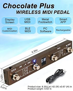 M-VAVE Chocolate Plus Wireless MIDI Foot Controller, Bluetooth MIDI Footswitch with 4 Buttons, Rechargeable, APP Control for Page Turner, DAW, Loop Pedal, Guitar Effects (Brown)