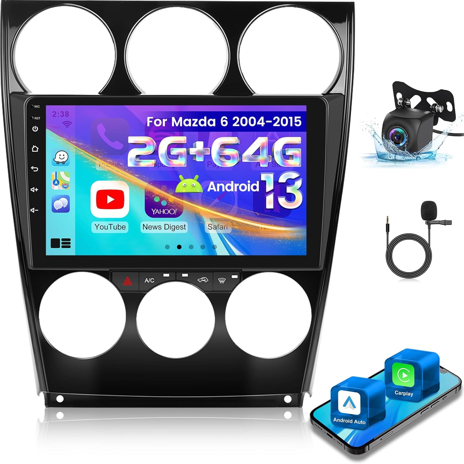 [2+64G] Android Car Stereo for Mazda 6 2002-2008 - Wireless Carplay & Android Auto, 9 Inch HD Touch Screen Aftermarket Radio - WiFi, GPS Navigation, Mirror Link, SWC + AHD Backup Camera + Canbus