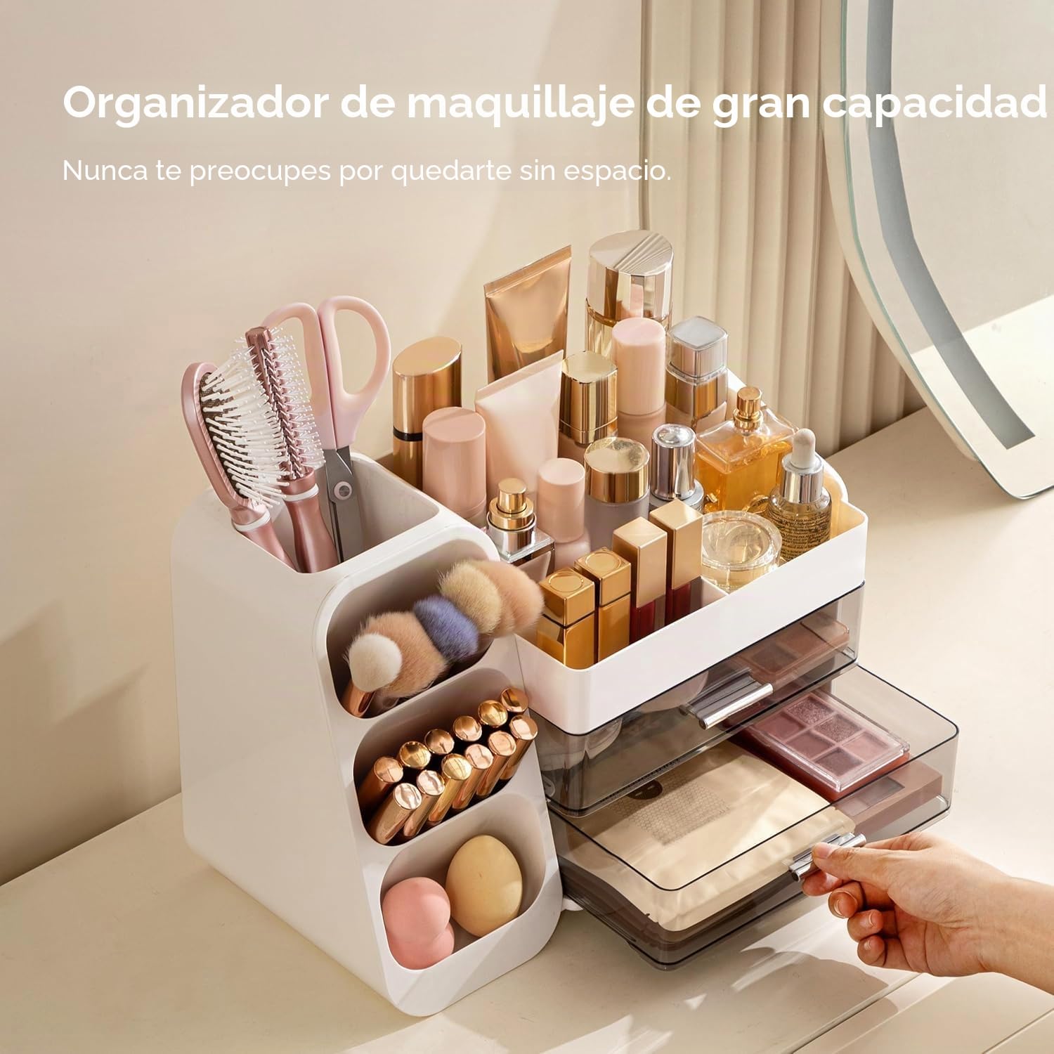 Organizador de maquillaje grande con soporte para brochas, almacenamiento de tocador y encimera de baño para pintalabios, esmaltes de uñas, perfumes y paletas de sombra de ojos
