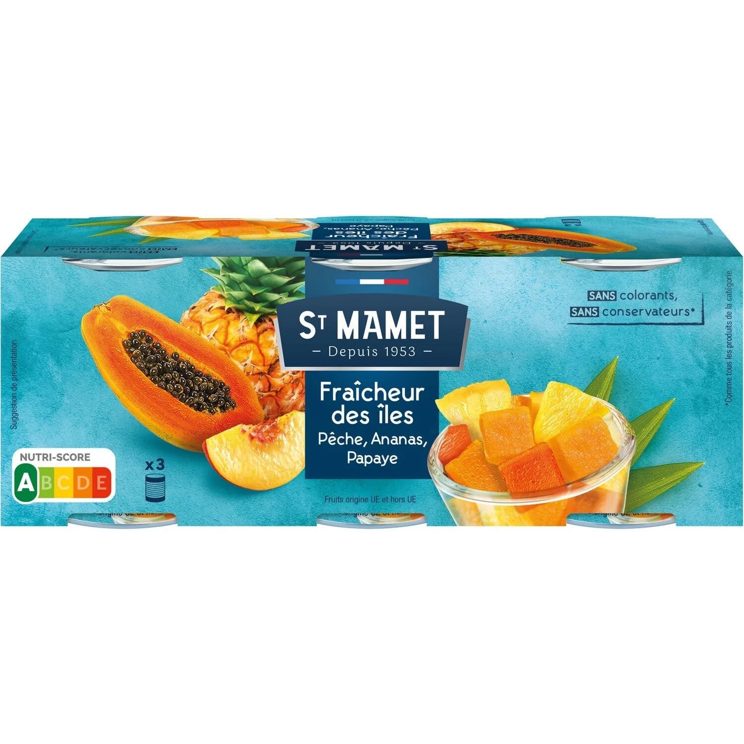 ST MAMET - Fruits au Sirop Cocktail Fraîcheur des Iles Pêches Ananas Papaye - les 3 boîtes de 125g net égoutté - 636g - Le Lot De 5
