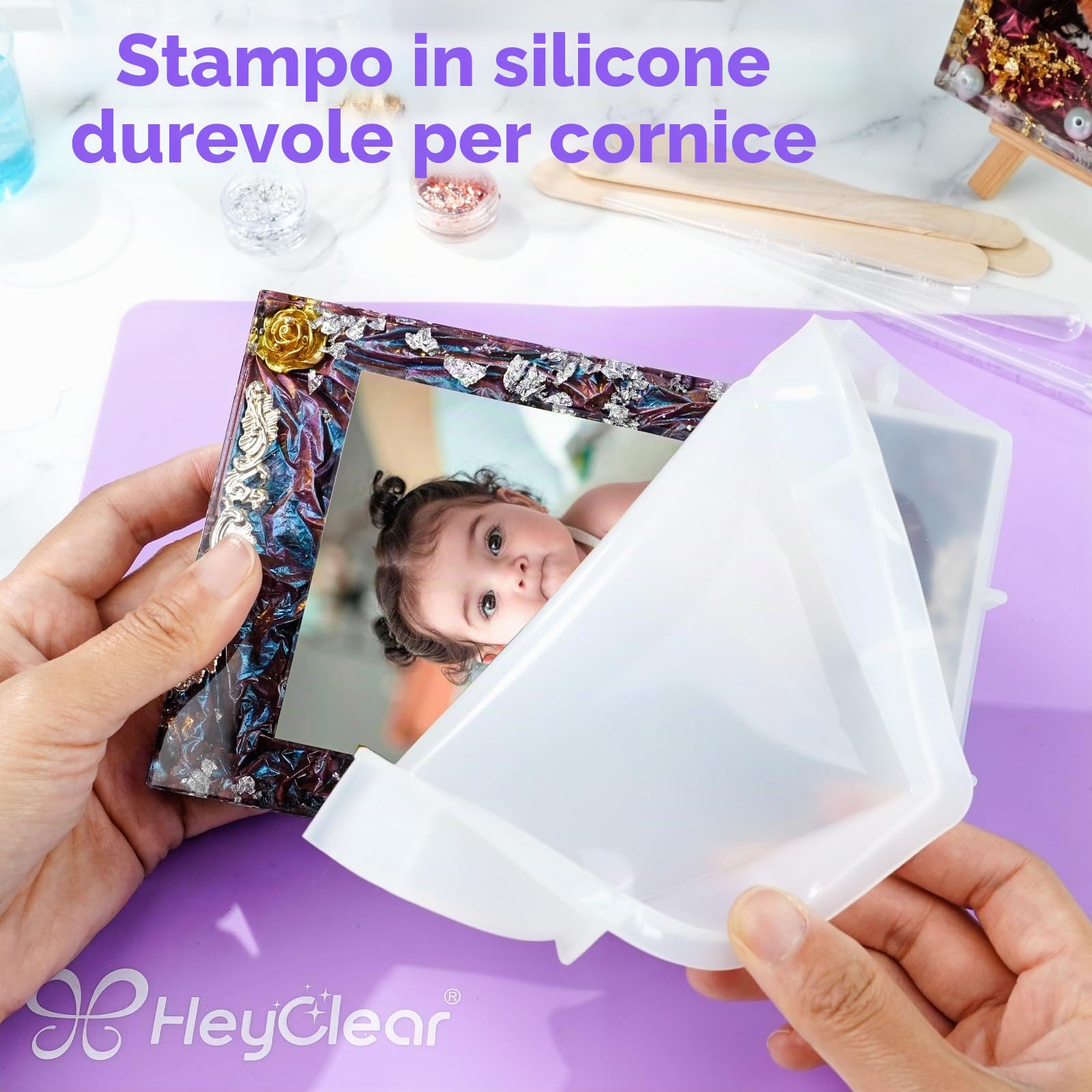 HeyClear 1L Kit Resina Epossidica con Stampi per Cornici Foto, Fai-da-Te | Trasparente, dura, poche bolle, resistente all'ingiallimento, epoxy resin adatta per colate, regali fai-da-te e cornici foto