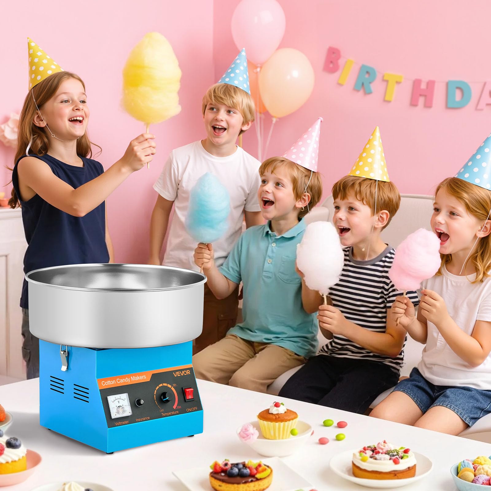 VEVOR Macchina Zucchero Filato Commerciale, Elettrodomestici per Zucchero Filato da Cucina Potenza Totale 1000 W con Ciotola in Acciaio Inox da 38 cm, Feste Eventi Carnevale, Blu