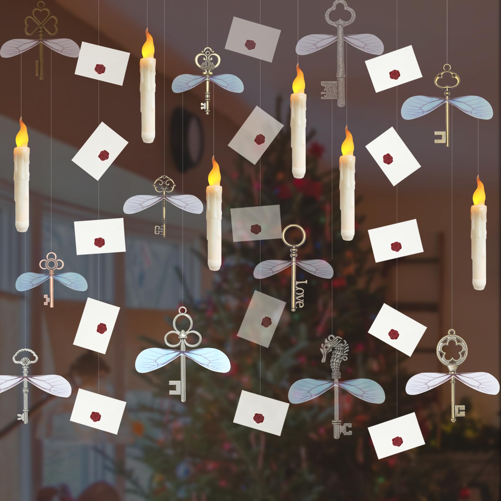 NHEINNO Floating Candles 6pcs + Flying Skeleton Keys 12pcs + Floating Letters Banners, Christmas Decorations, Wizarding Room Decor, Party Decorations