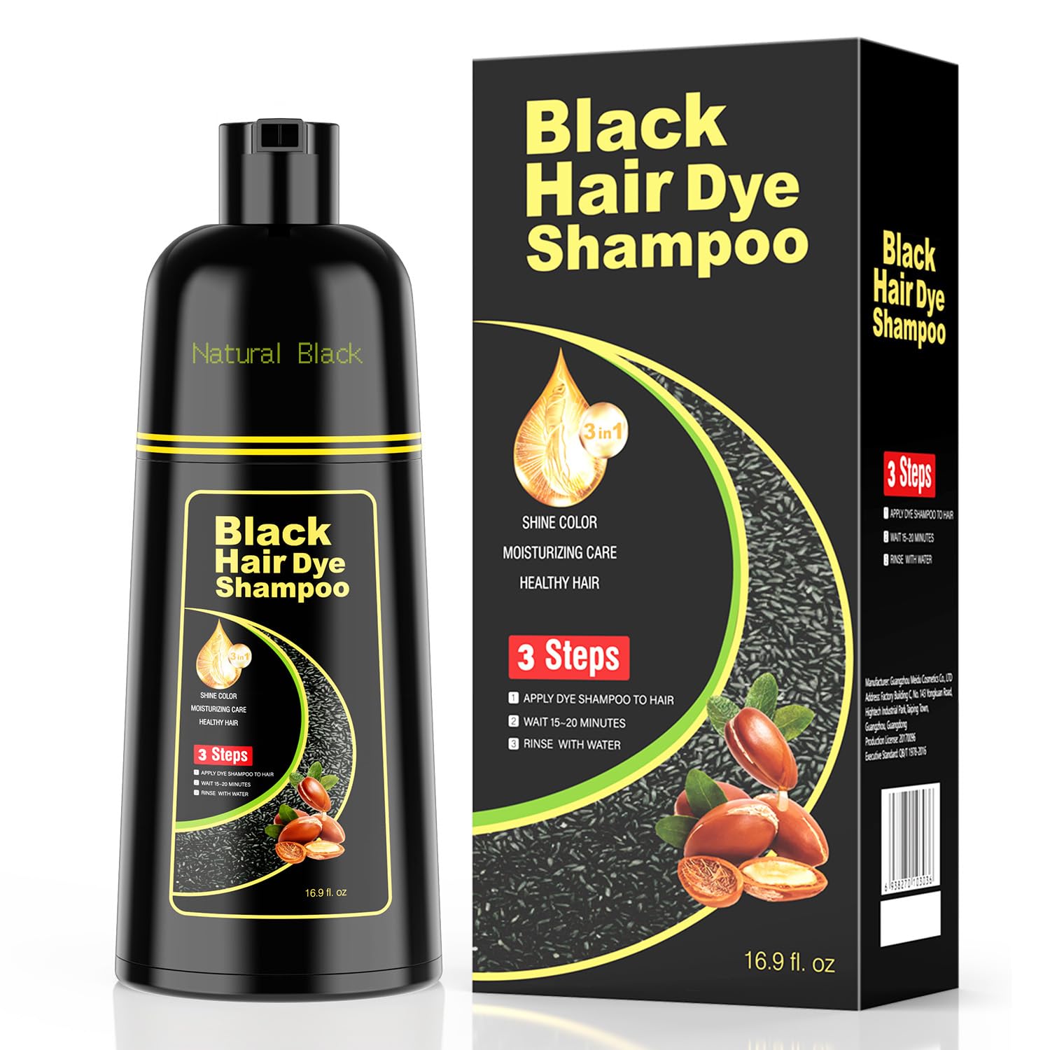 Black Hair Dye Shampoo 3 in 1，Argan Herbal Hair Color Shampoo Covers Gray Hair for Women and Men (16.9 fl.oz Black)