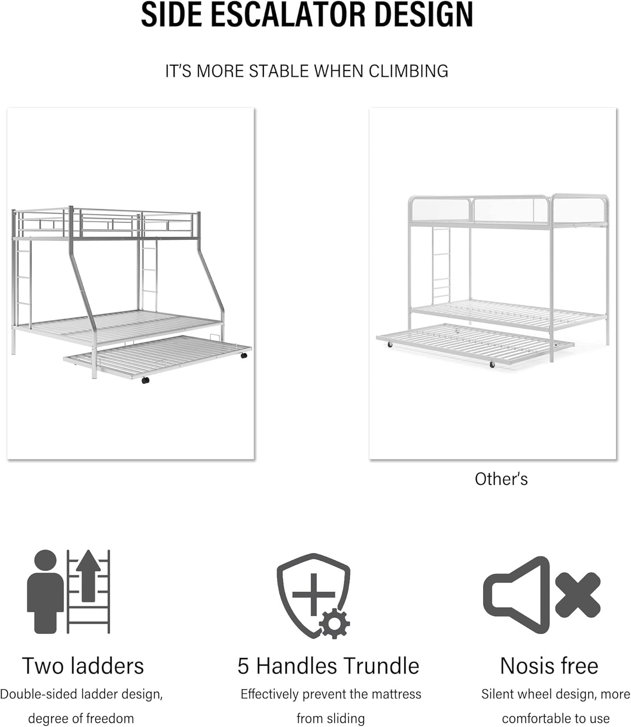 Merax Triple Bunk Beds, Twin Over Full Bunk Bed with Trundle,Sturdy Steel Bunk Beds Frame for 3 Kids/Teens with Two Side Ladders and Safety Guard Rail,Silver