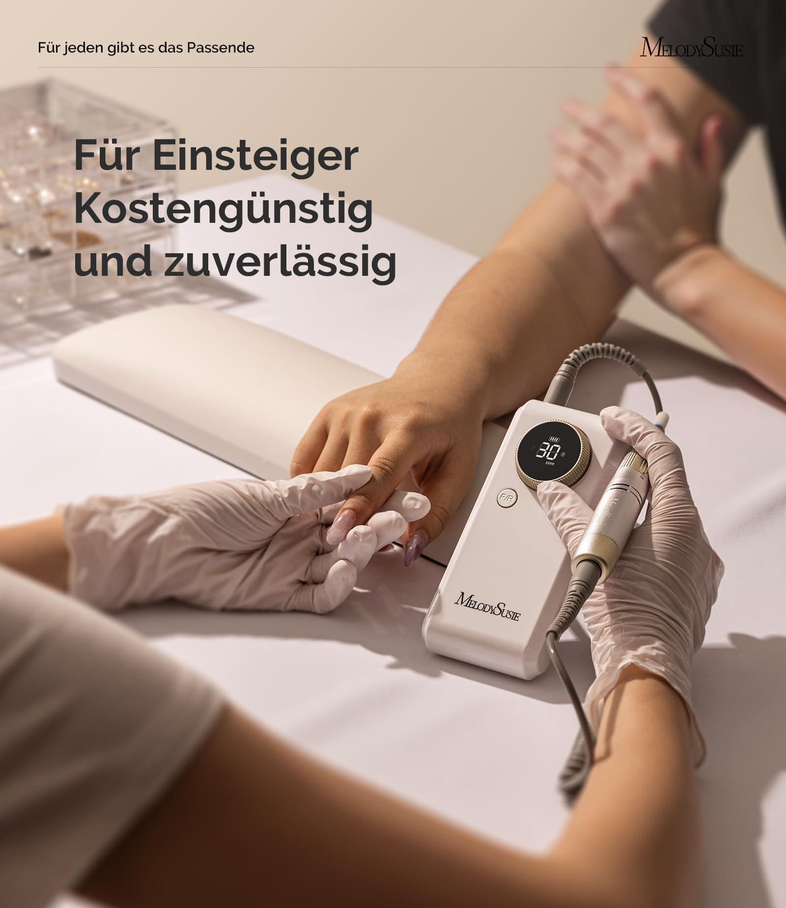 MelodySusie SC330G 2-in-1 Nagelfräser für Clip-on- und Tischgebrauch: Wiederaufladbare Professionelle Elektrische Nagelfeile mit LED-Anzeige, 30.000 U/min, für Acryl- & Gelnägel, für Salon (Weißgold)