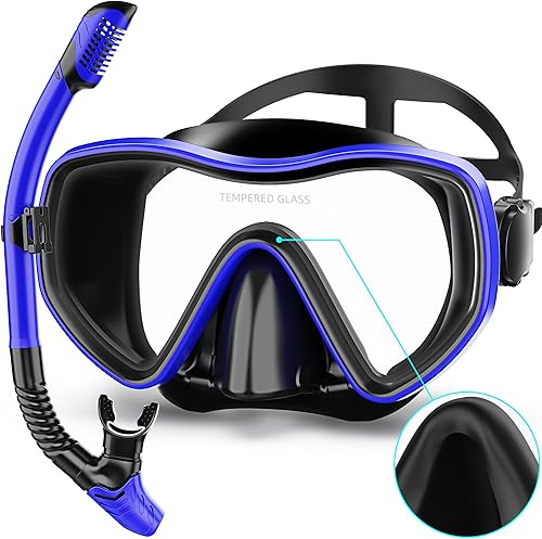 Snorkeling Gear for Adults, Dry Snorkel Set 180 Panoramic Wide View Anti-Fog Scuba Diving Mask, Professional Snorkel Gear for Free Breathing,