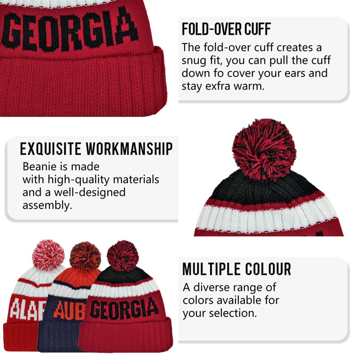 Beanie Knit Hat with Pom Winter Cuffed Cap Sport Fans Gift for Men Women - Image 5