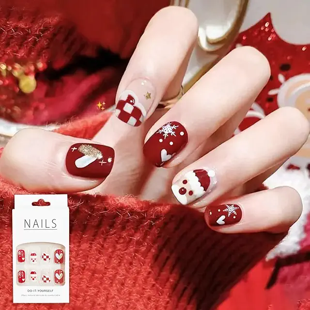 Red Christmas Press On Nails with Festive Designs - 24PCS Set for Women