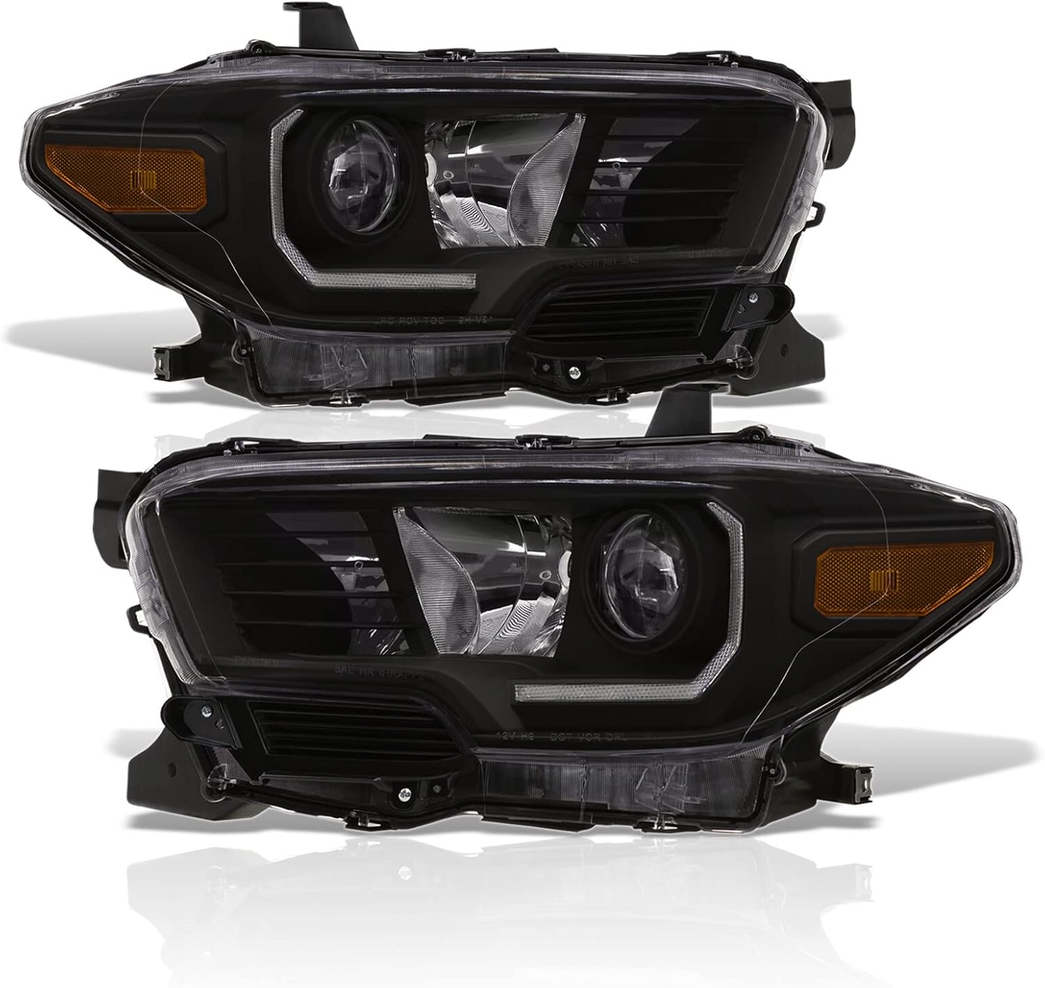 AJP Distributors Black Housing Clear Lens Amber Signal Driving Projector Headlights + LED DRL Strip Lamps Assembly Pair Compatible/Replacement For Tacoma Pickup 2016 2017 2018 2019 2020 2021 2022 2023
