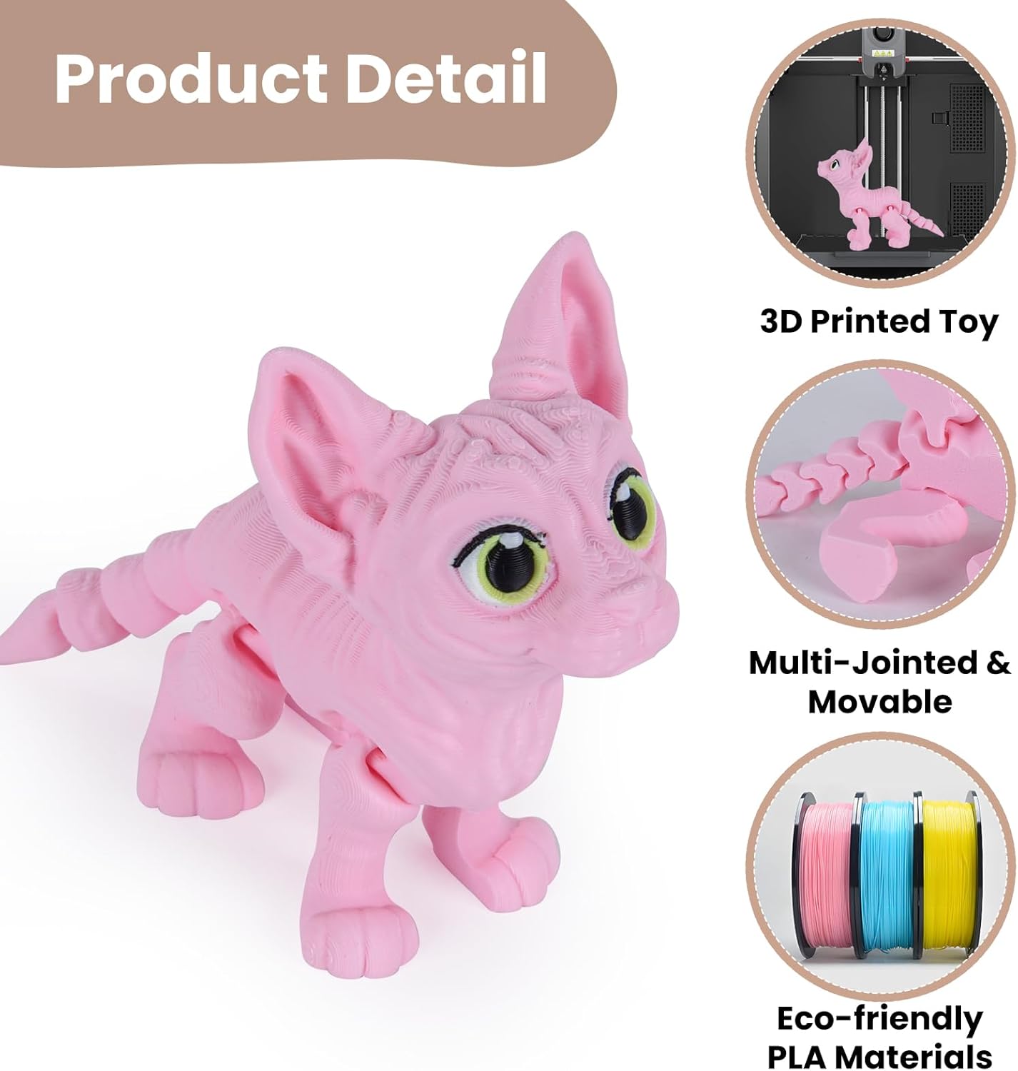 3D Printed Cat Fidget Toys, Realistic Sphynx Cat Figure with Multi Joints Movable, Cute Animal Executive Desk Toy for Kitty Lovers and Pet Collectors (Brown)