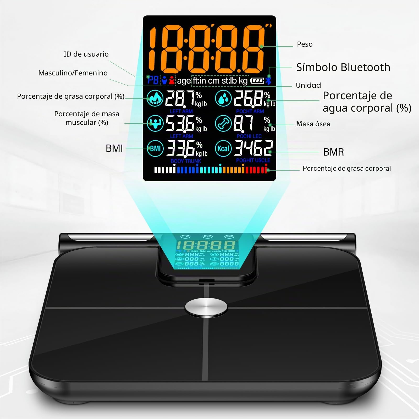 Báscula de Peso Corporal, 8 Electrodos Bascula Bioimpedancia, Con pantalla LCD HD y Mango Retráctil, Bascula de Baño mit APP, 32 Datos de Medición para Medir la Grasa Corporal, el BIM, etc