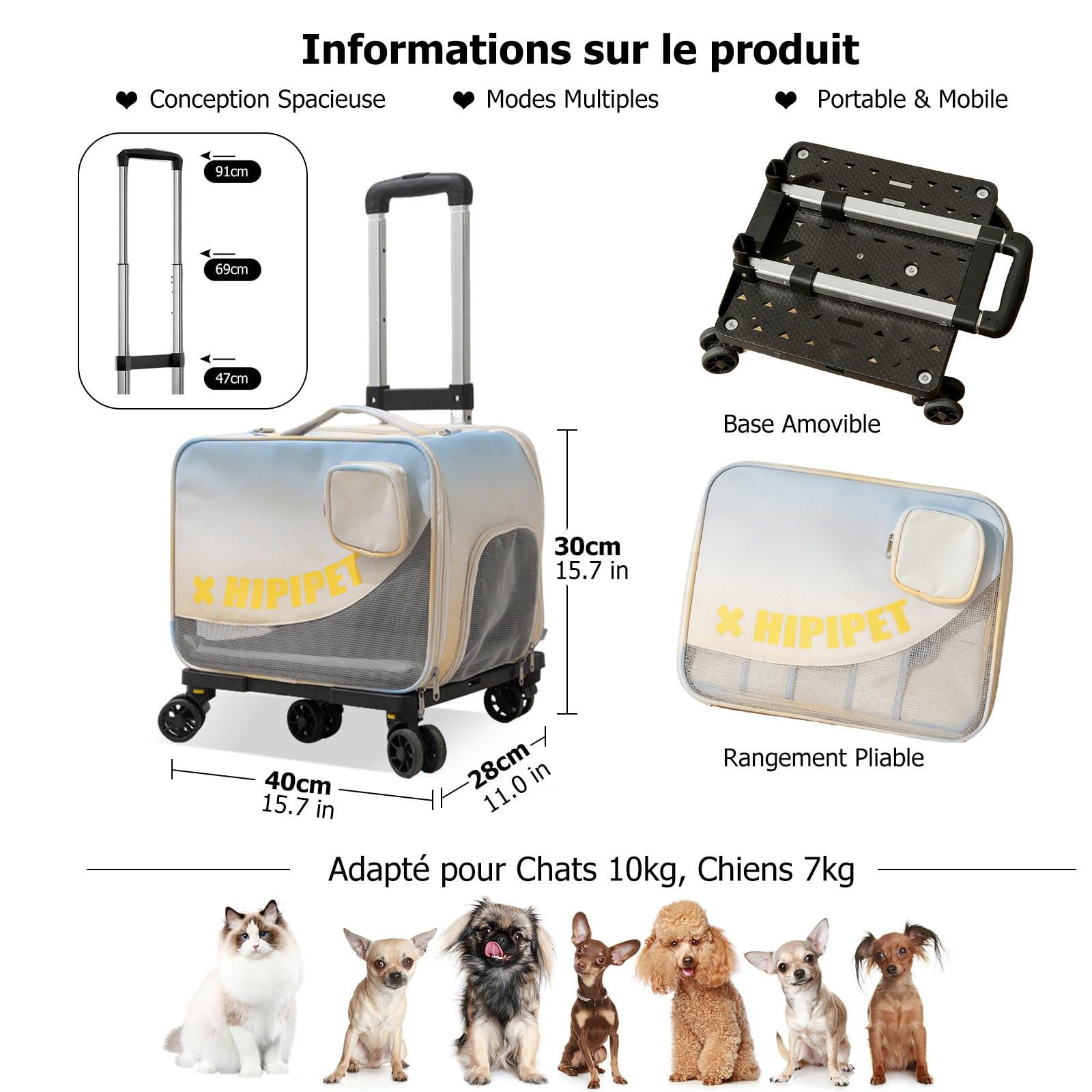 PETCUTE Grandes Caisse de Transport pour Chats avec roulettes Amovibles,Cage de Transport pour Chats et Petits Chiens,Sac de Voyage Pliable et Respirant avec Tapis Amovible, Idéal pour Les Voyages