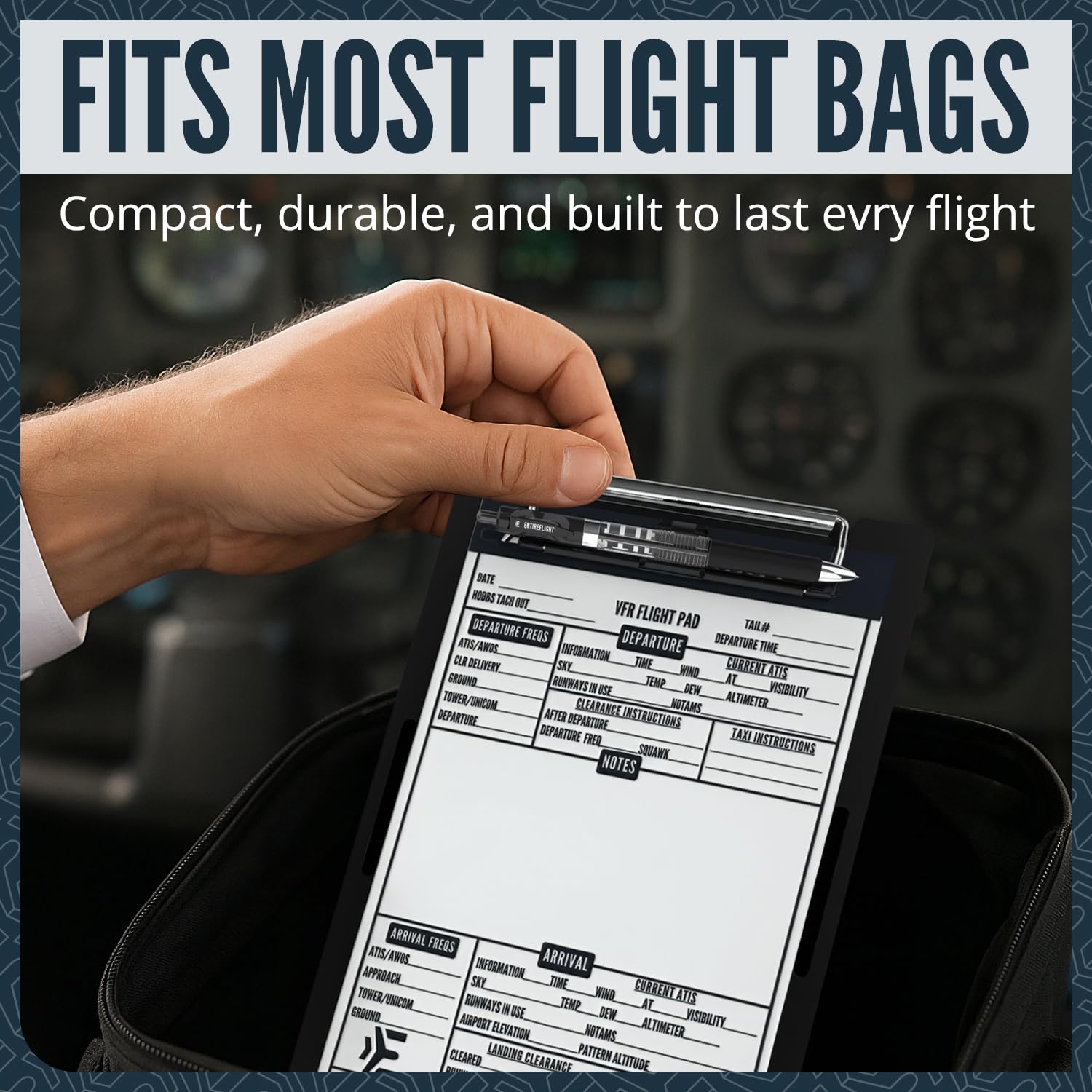 EntireFlight Aviation Pilot Kneeboard VFR nero con blocco note strutturato – Premium Pilot Gear & Flight Bag Accessory-Airplane Grade Aluminum-Elastic Knee Board Strap & Pen-Box inclusi per i piloti
