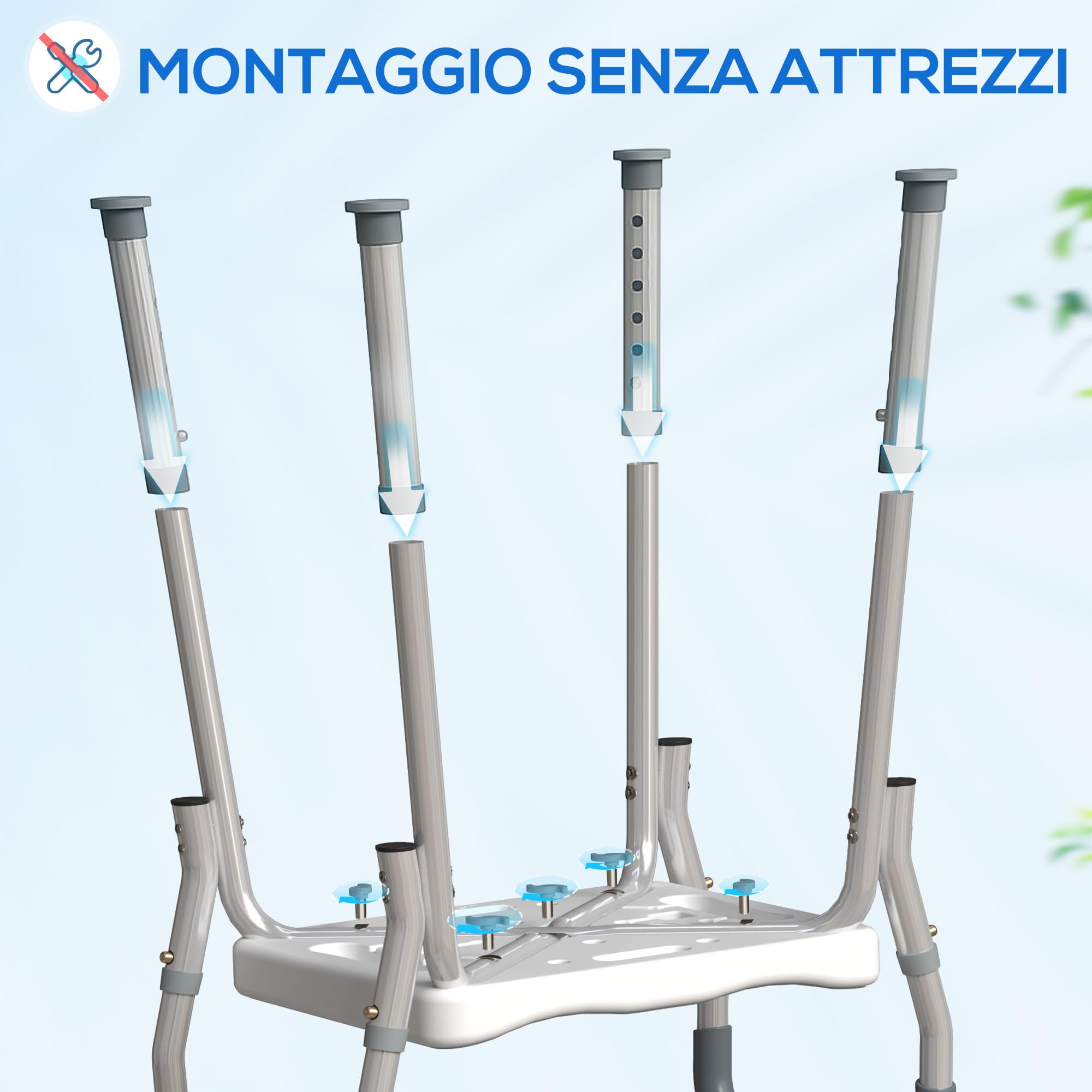 HOMCOM Sgabello Doccia in Alluminio, Sgabello Bagno ad Altezza Regolabile 57-69 cm con Braccioli, Sedia per Doccia Anziani 150 kg, Sedile per Vasca da Bagno con Piedini Antiscivolo, Blu
