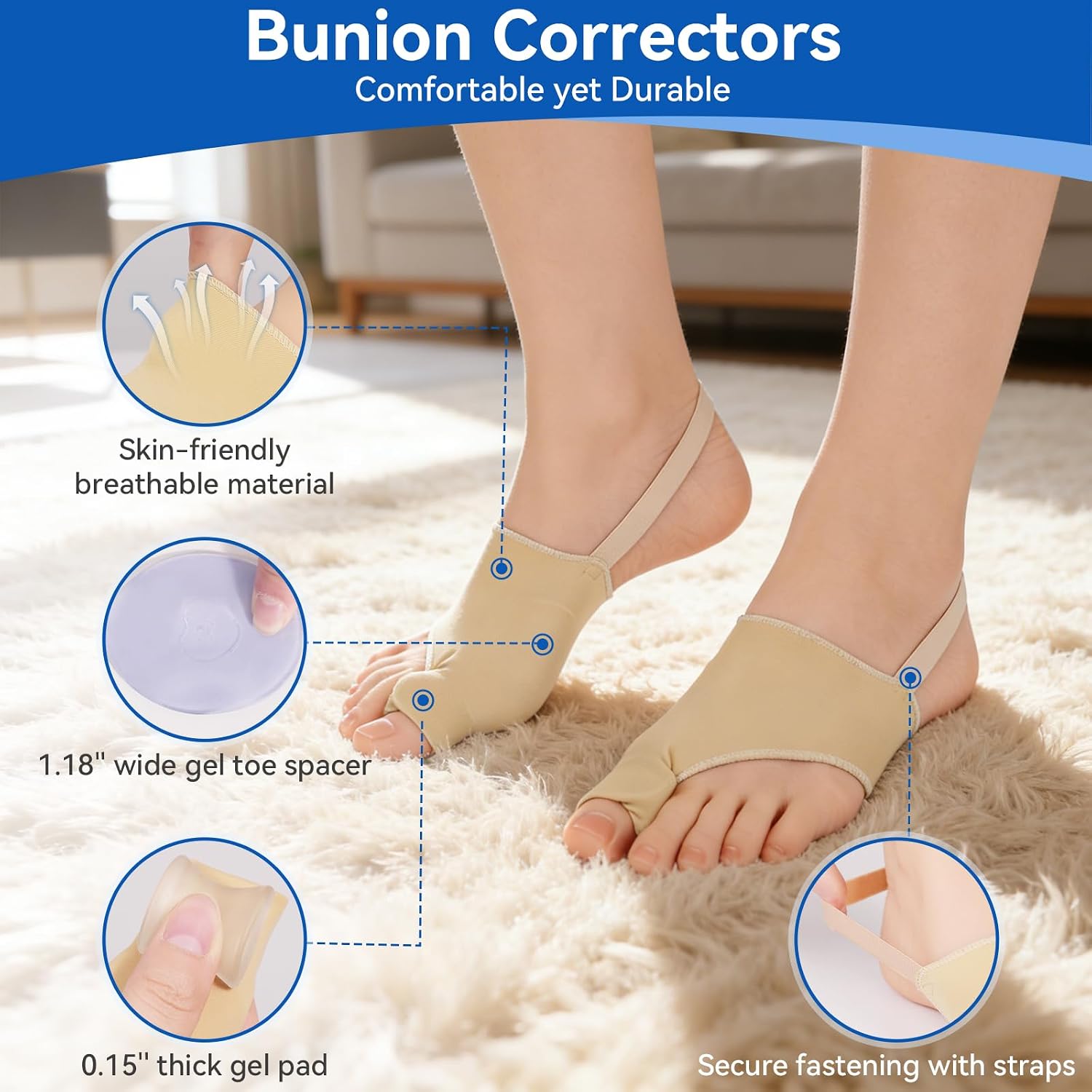 Toe separators for women（2PCS, Big Toe Straightener with Non-Slip Heel Strap, Breathable Hallux Valgus Relief Splint for Day & Night Support, Bunion Corrector for Women & Men(skin color,M)