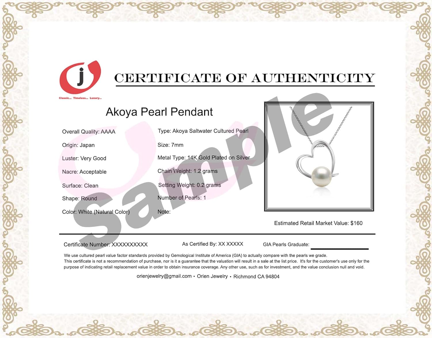 Japanese Akoya Cultured Pearl Pendant Necklace – Heart Shape – AAAA Grade Natural White Cultured Pearl 6-7mm �� 14k White or Yellow Gold Plated Sterling Silver - Image 7